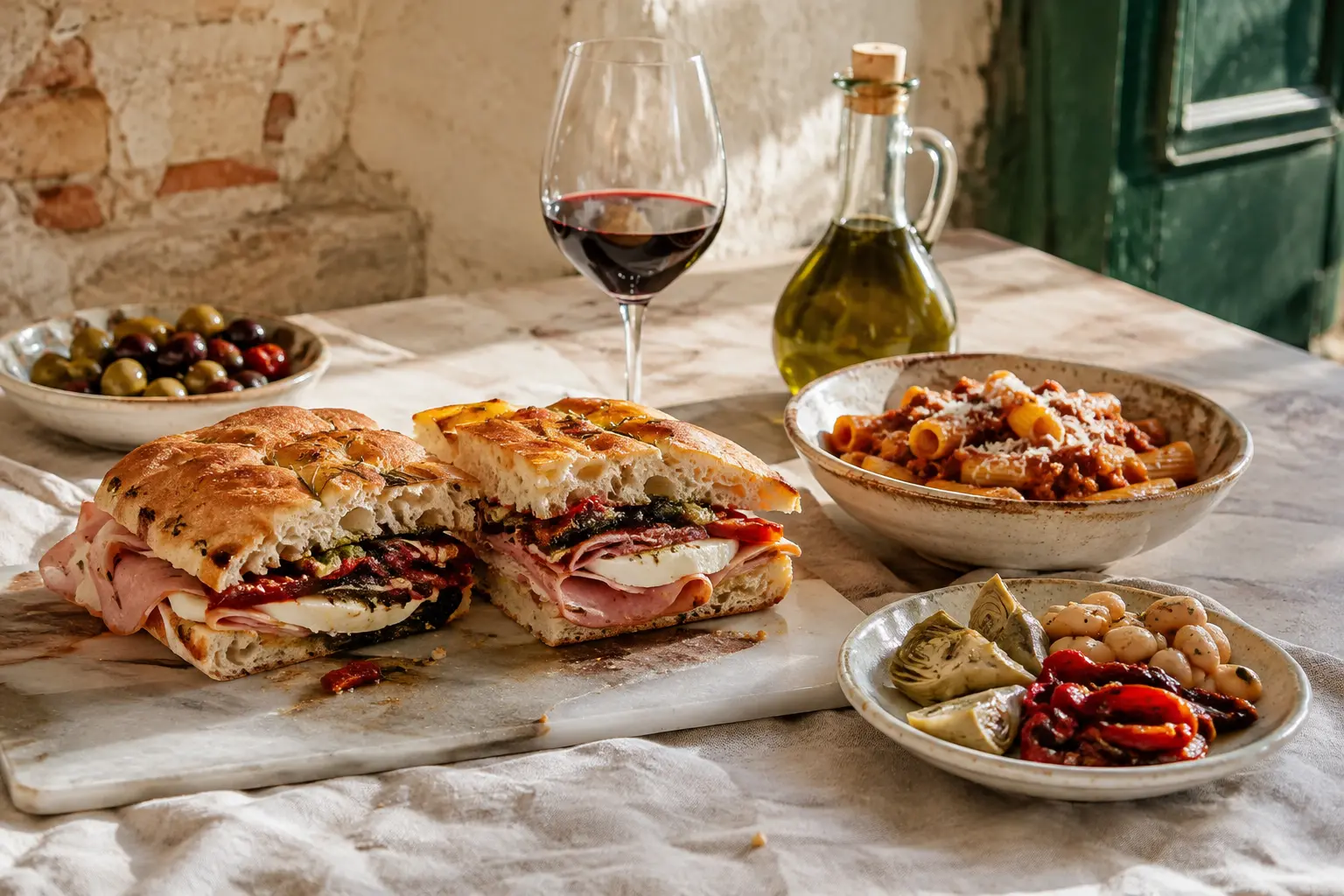 Focaccia, pasta y antipasti italianos sobre una mesa
